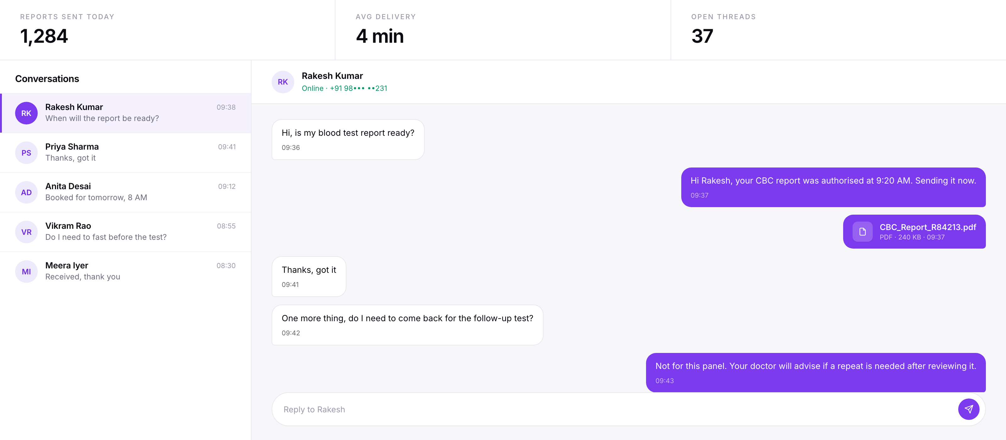 Staff console showing WhatsApp conversation threads and report delivery status