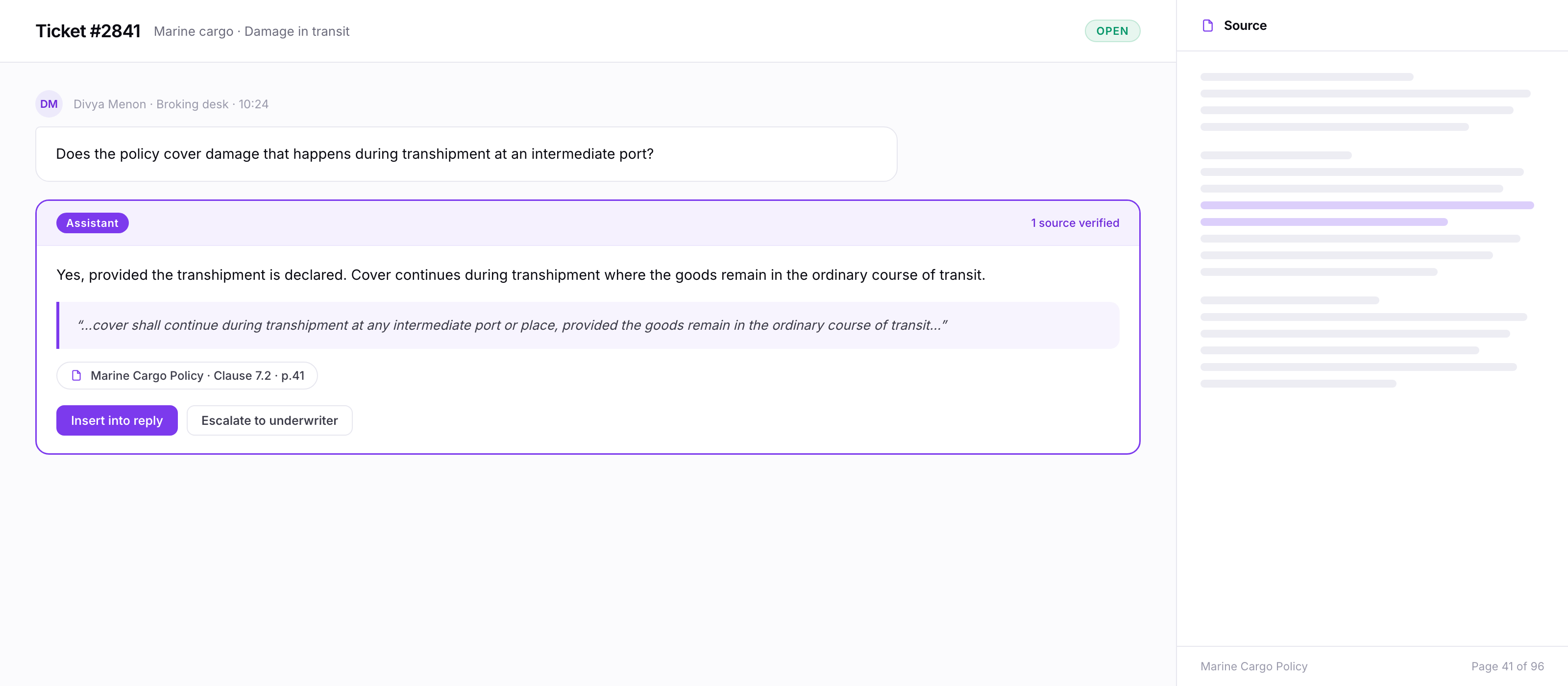 Helpdesk view with an assistant reply quoting a policy clause and linking to the source page